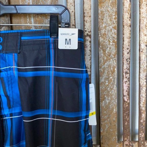 SPEEDO BLUE PLAID CARGO SWIM SHORTS M (NEW Unused - Picture 2 of 5